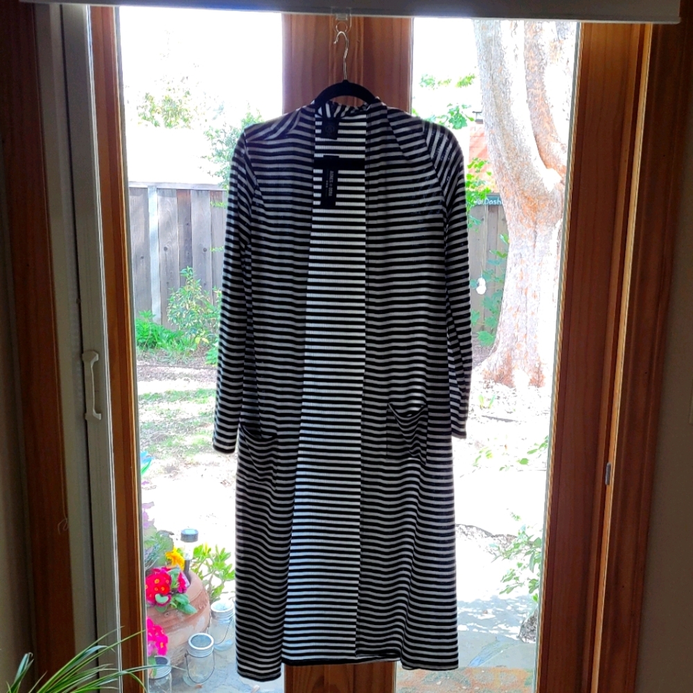 Black and white striped long cardigan duster